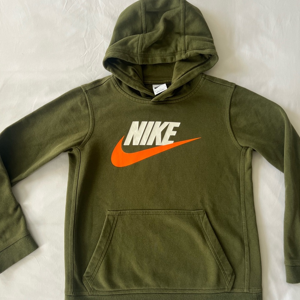 Nike youth’s Olive Hoodie with Bright Orange Swoosh